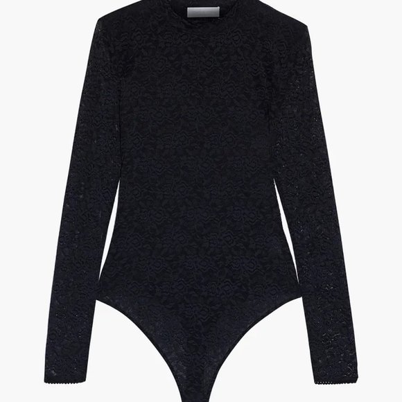 JONATHAN SIMKHAI Stretch Lace Bodysuit Long Sleeves in Semi Sheer Black Sz Small - Picture 3 of 11